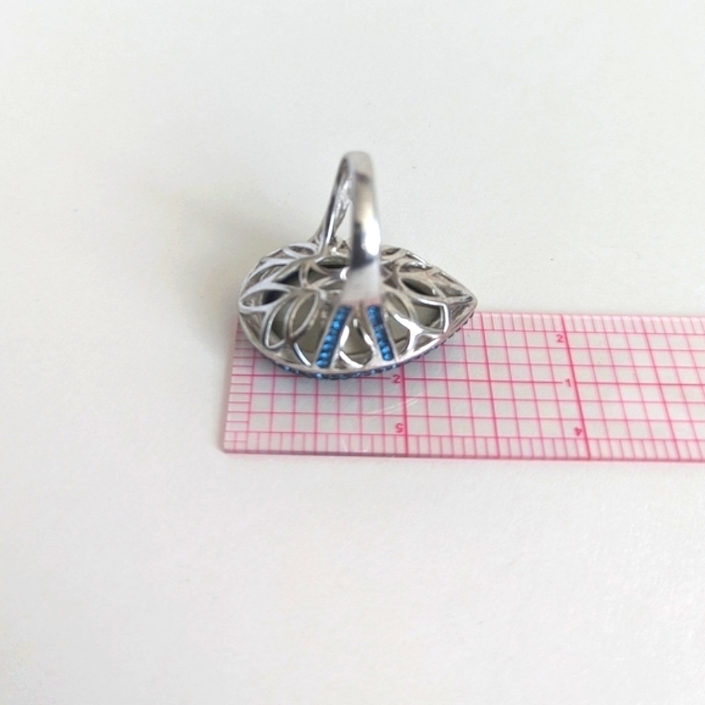 Blue Pear-Shape Facetted Glass Sterling Silver Pave Halo, Shoulders Ring sz9 - Picture 10 of 13